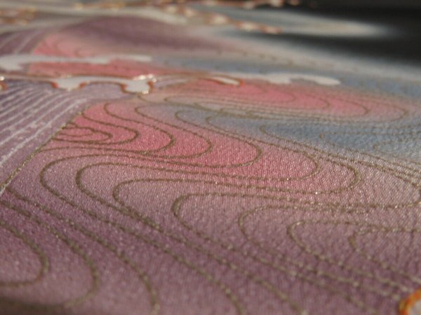 Photo5: 3K01z110 Japanese Kimono Silk Artist work FABRIC Black Wave 45.7" (5)