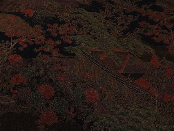 Photo2: 1J01z70 Japanese Kimono Crepe Silk  FABRIC Dark navy Palace garden 37.8" (2)