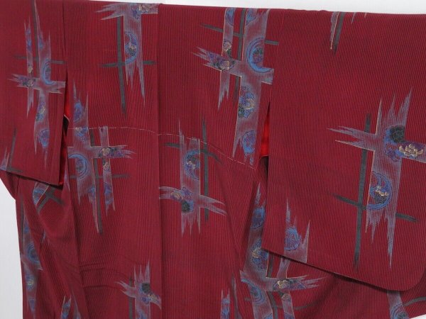 Photo2: 1105i04z690 Vintage Japanese Kimono Silk KOMON Dark red Stripe (2)