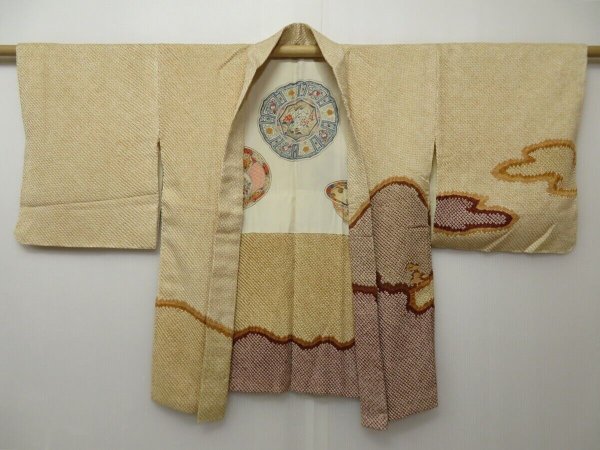Photo5: 1124T05z660 Japanese Kimono Silk SHIBORI HAORI Cream Mountain (5)