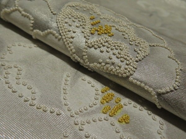 Photo9: 1D01z80 Japanese Kimono Silk OBI FABRIC Off-white Peony 47.2" (9)