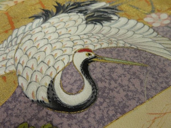 Photo4: 3M03z80 Japanese Kimono Silk Rinpa Artist work FABRIC Black Crane 44.1" (4)