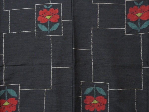 Photo5: 1502T07z850 Japanese Kimono Silk TSUMUGI Black Flower (5)