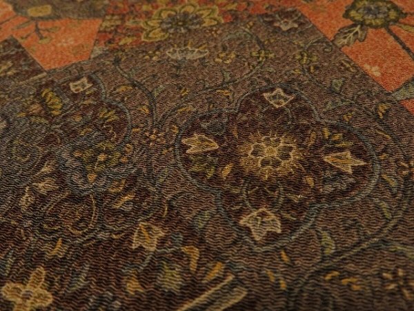 Photo3: 1S01z70 Japanese Kimono Crepe Silk  FABRIC Orange-Brown Flowers 39.4" (3)