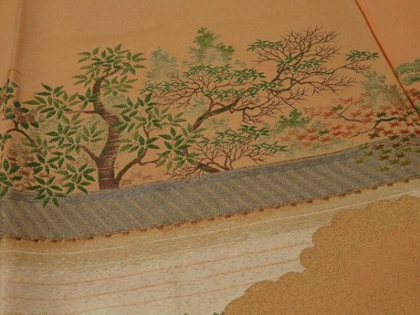 Photo2: 3N01z120 Japanese Kimono Silk  FABRIC Light apricot orange Garden 45.7" (2)