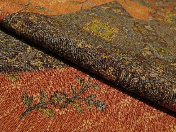 Photo4: 1S01z70 Japanese Kimono Crepe Silk  FABRIC Orange-Brown Flowers 39.4" (4)