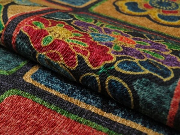 Photo5: 3M05z100 Japanese Kimono Silk  FABRIC Navy Flowers 70.1" (5)