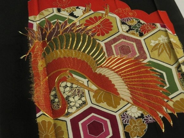 Photo2: 2Q01z70 Japanese Kimono Silk  FABRIC Black Crane, Cloud 48" (2)
