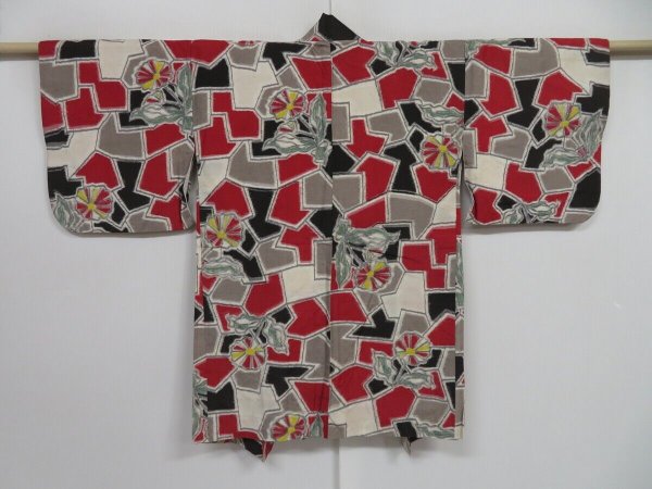 Photo1: 1409i09z520 Vintage Japanese Kimono Silk MEISEN HAORI Black Flower (1)