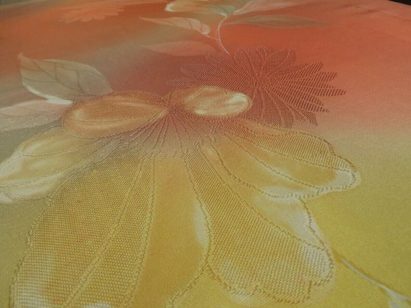 Photo3: 2V01z60 Japanese Kimono Silk  FABRIC Yellow, Coral pink Flowers 42.5" (3)