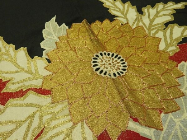 Photo4: 4i02z150 Vintage Japanese Kimono Silk  FABRIC Black Chrysanthemum 48.8" (4)