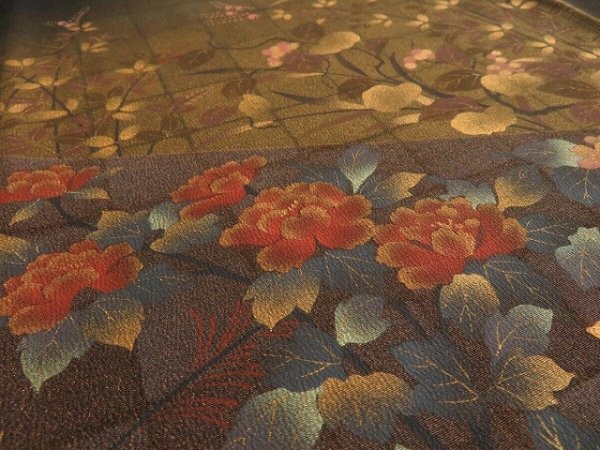 Photo2: 1F03z70 Japanese Kimono Silk Artist work FABRIC Black Flowers 46.5" (2)