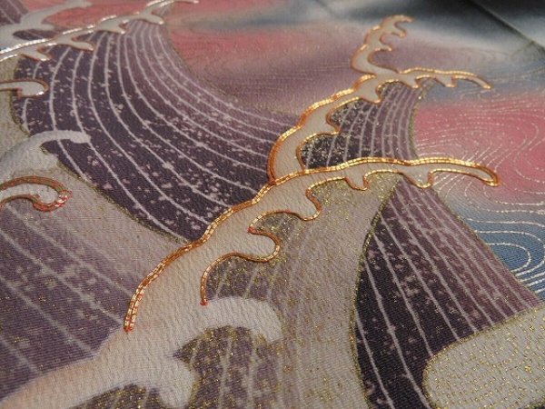 Photo4: 3K01z110 Japanese Kimono Silk Artist work FABRIC Black Wave 45.7" (4)