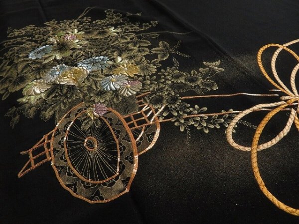 Photo3: 3C01z160 Japanese Kimono Silk  FABRIC Black Hanaguruma 46.5" (3)