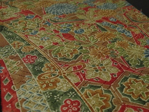 Photo2: 3M08z40 Japanese Kimono Silk  FABRIC Olive-Brown Flowers 56.7" (2)