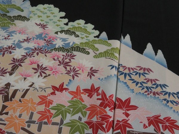 Photo4: 1T02z180 Japanese Kimono Silk Artist work FABRIC Black Scenery 48.8" (4)