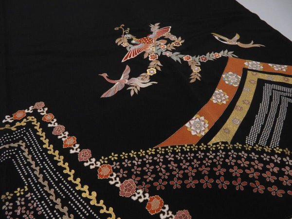 Photo2: 2i02z150 Japanese Kimono Silk  FABRIC Black Birds 48" (2)