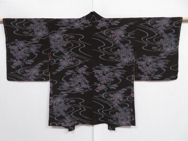 Photo2: 1001i10z410 Vintage Japanese Kimono Silk HAORI Black-Brown Flower (2)
