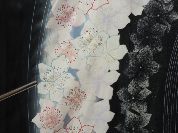 Photo8: 1613i02z890 Japanese Kimono Silk HITOE HOUMONGI Black Flower (8)