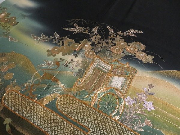 Photo3: 3K02z140 Japanese Kimono Silk Artist work FABRIC Black Royal cart 38.6" (3)