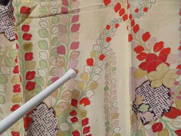 Photo7: 0614N08z740 Vintage Japanese Kimono Silk Girl's FURISODE Off-white Wisteria (7)