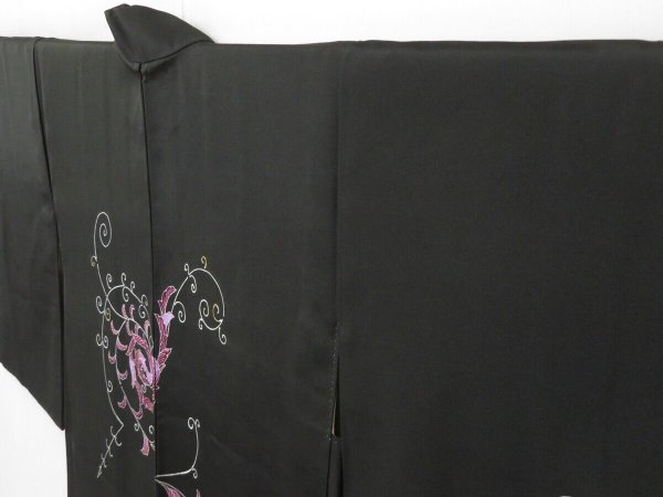Photo2: 1615i04z590 Vintage Japanese Kimono Silk HAORI Black Plants (2)