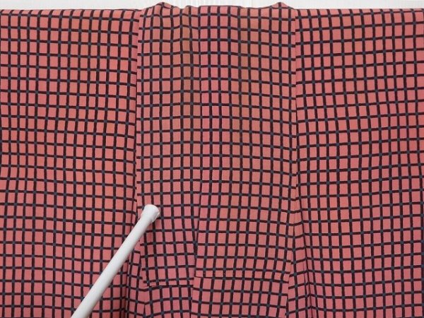 Photo10: 1130T02z810 Vintage Japanese Kimono Silk KOMON Pink Lattice (10)