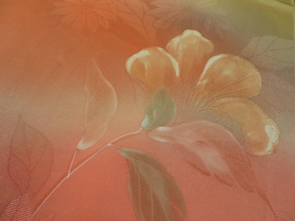 Photo2: 2V01z60 Japanese Kimono Silk  FABRIC Yellow, Coral pink Flowers 42.5" (2)