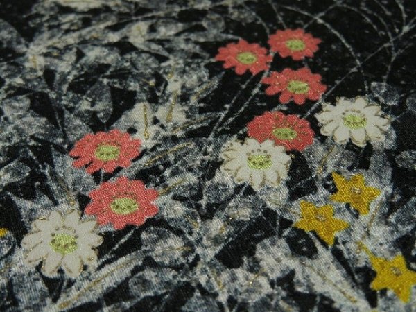 Photo3: 3M01z60 Japanese Kimono Silk  FABRIC Black Flowers 37.8" (3)