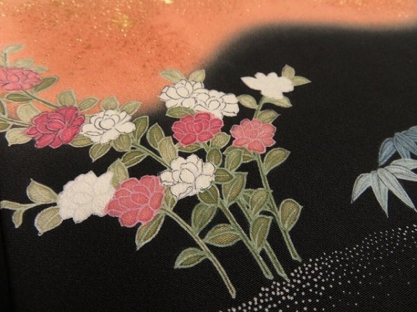 Photo4: 3Q04z70 Japanese Kimono Silk Artist work FABRIC Black Flower 42.5" (4)