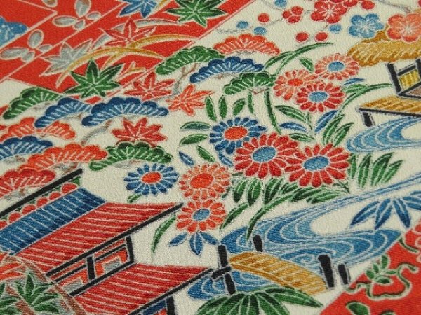 Photo3: 1L03z90 Japanese Kimono Silk  FABRIC Orangered Sensu, Flowers 55.1" (3)
