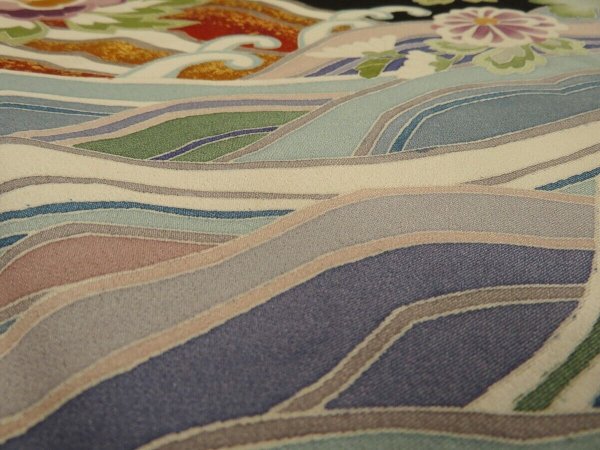 Photo6: 2L02z70 Japanese Kimono Silk Artist work FABRIC Black Phoenix 44.1" (6)