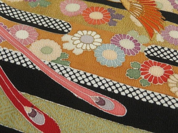 Photo4: 2F03z70 Japanese Kimono Silk  FABRIC Black Bird, Flowers 44.1" (4)