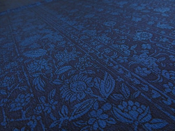 Photo3: 1V02z50 Japanese Kimono Silk  FABRIC Indigo Flowers 37.8" (3)