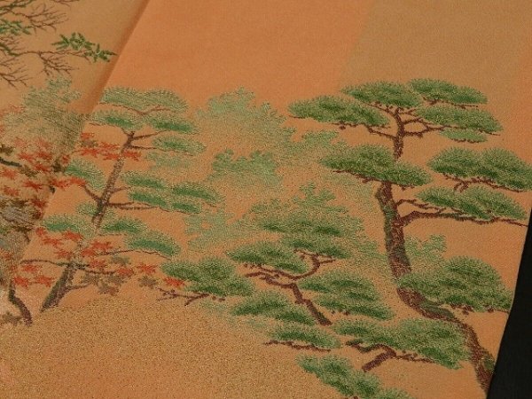 Photo3: 3N01z120 Japanese Kimono Silk  FABRIC Light apricot orange Garden 45.7" (3)