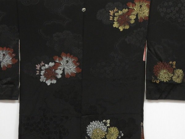 Photo3: 1019i10z470 Vintage Japanese Kimono Silk HAORI Black Flowers (3)