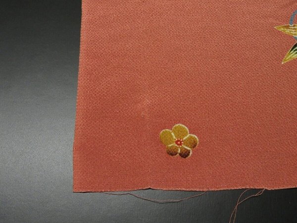 Photo4: 3P07z40 Japanese Kimono Crepe Silk  FABRIC Coral pink Bingata 53.5" (4)