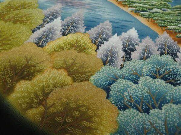 Photo3: 1G03z70 Japanese Kimono Silk  FABRIC Black Amanohashidate 47.2" (3)