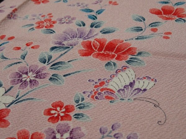 Photo3: 1A05z90 Japanese Kimono Silk  FABRIC Pink Flowers 66.1" (3)