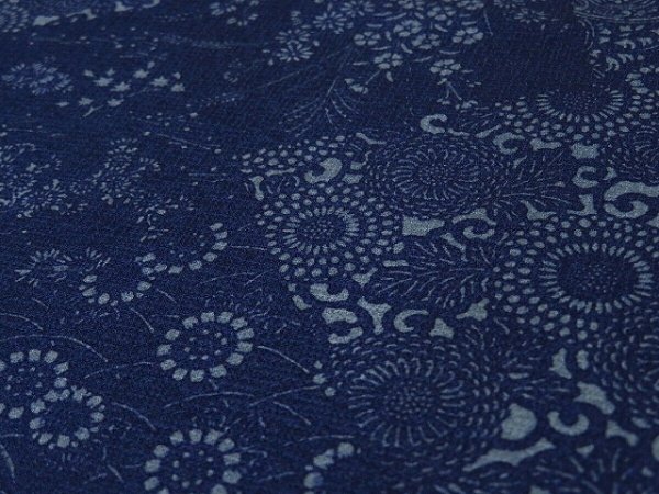 Photo3: 1Q01z60 Japanese Kimono Silk  FABRIC Indigo Flowers 39.4" (3)
