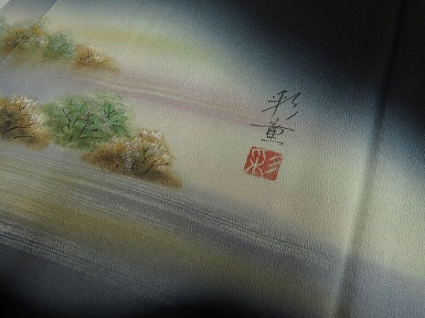 Photo3: 1Z05z80 Japanese Kimono Silk Artist work FABRIC Black Trees 44.9" (3)