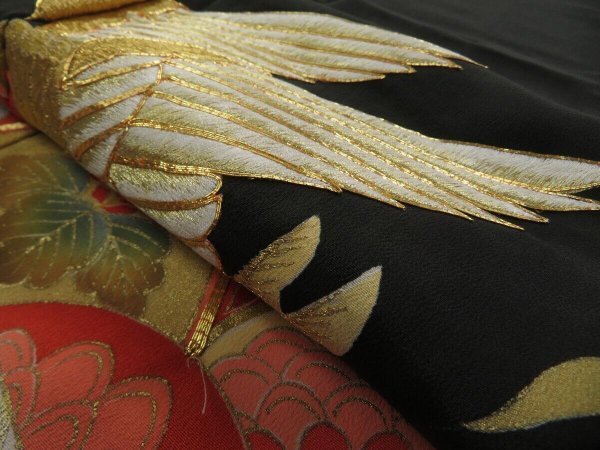 Photo7: 2G01z110 Vitnage Japanese Kimono Silk  FABRIC Black Phoenix 44.9" (7)