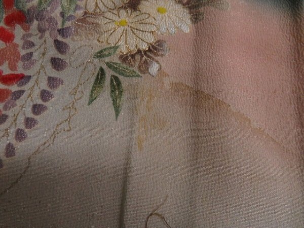 Photo7: 3K01z180 Japanese Kimono Silk  FABRIC Black Flower arrangement 46.5" (7)