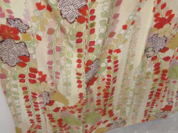 Photo3: 0614N08z740 Vintage Japanese Kimono Silk Girl's FURISODE Off-white Wisteria (3)