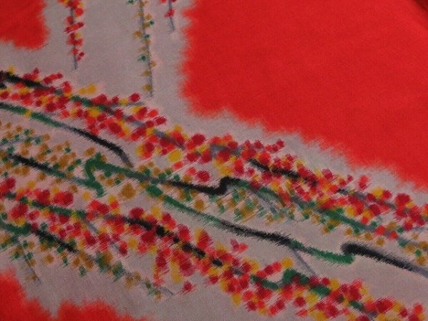 Photo2: 3L01z40 Vintage Japanese Kimono Silk MEISEN FABRIC Orangered Plum branch 51.2" (2)
