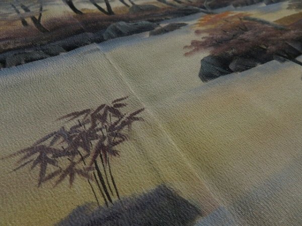 Photo4: 1F02z160 Japanese Kimono Silk Artist work FABRIC Black Scenery 51.2" (4)