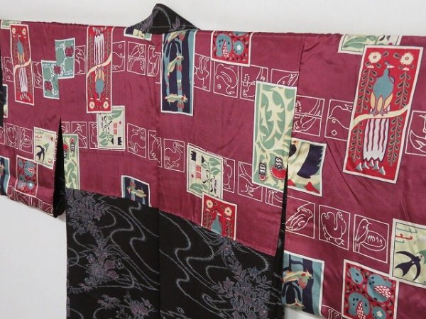 Photo7: 1001i10z410 Vintage Japanese Kimono Silk HAORI Black-Brown Flower (7)