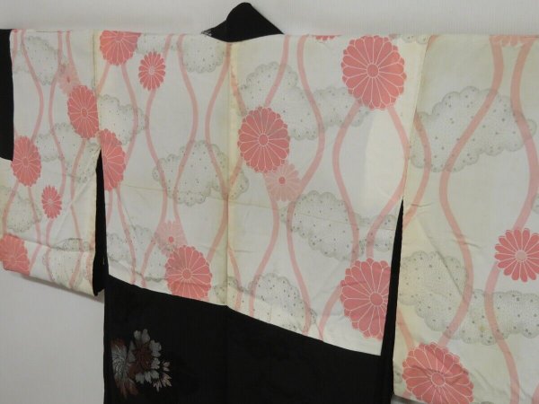 Photo8: 1019i10z470 Vintage Japanese Kimono Silk HAORI Black Flowers (8)