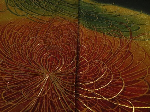 Photo3: 2R01z150 Japanese Kimono Silk  FABRIC Black Chrysanthemum 43.3" (3)