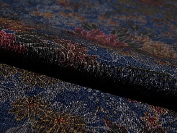 Photo4: 2D02z60 Japanese Kimono Crepe Silk  FABRIC Dark navy Flowers 41.7" (4)